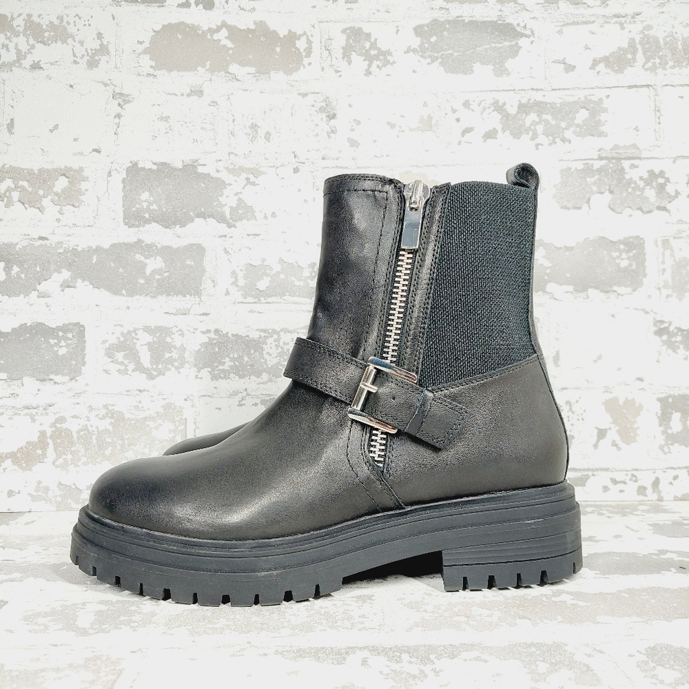 Blondo Black Leather Lug Sole Ankle Boots